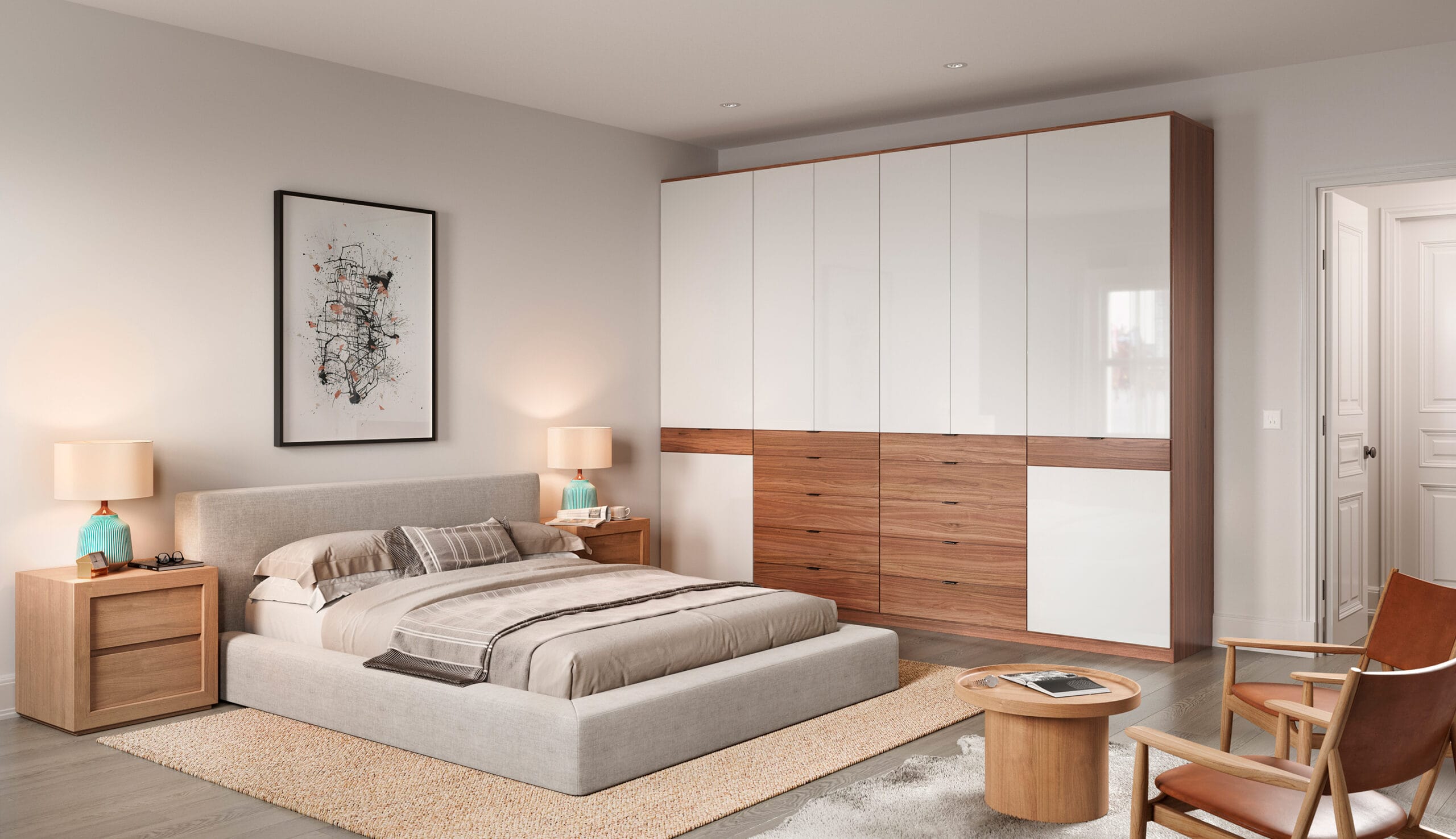 Installed wardrobe solution with floor to ceiling space storage high gloss and natural wood finishes by California Closets