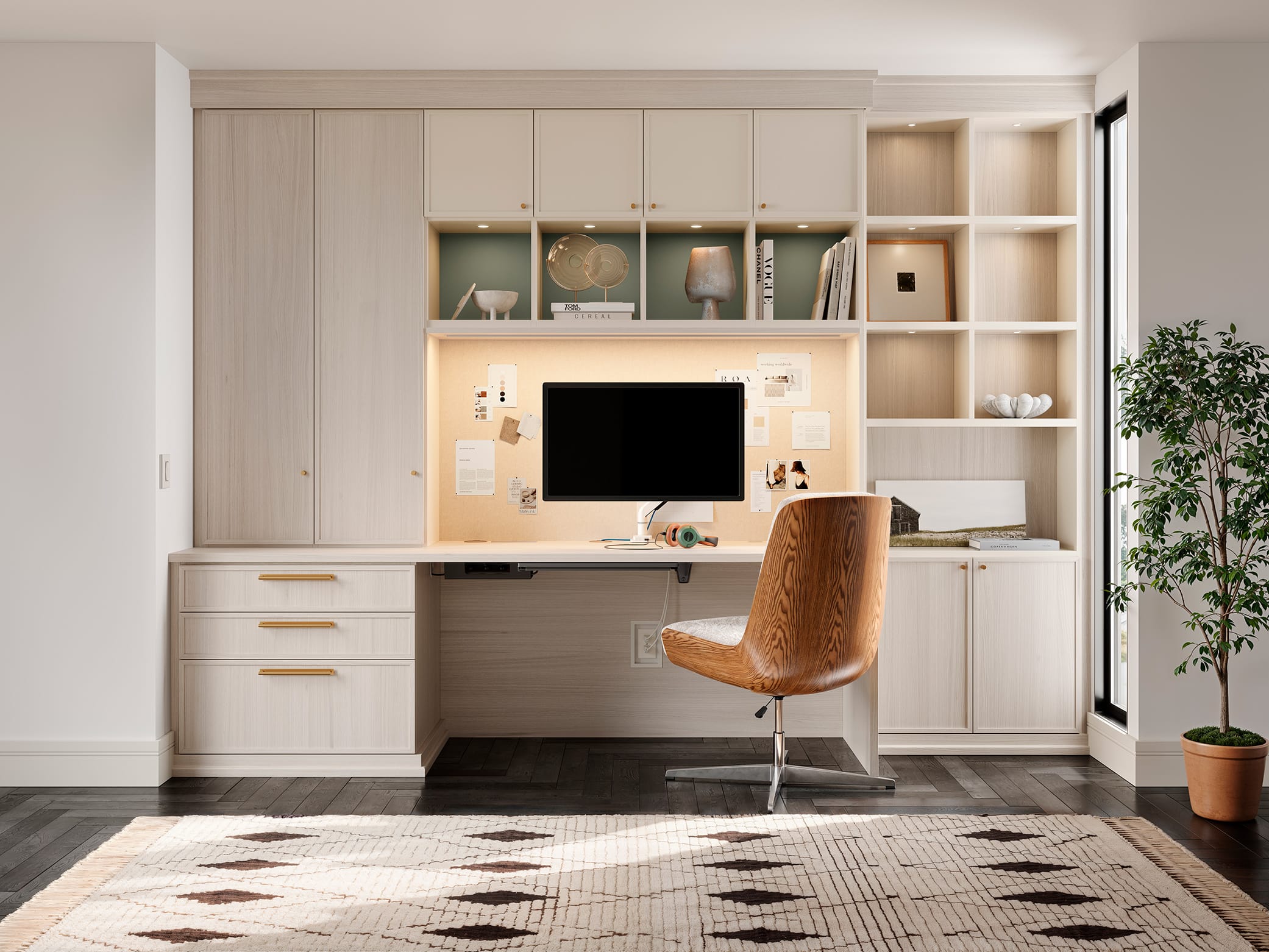 Modern home office featuring a built-in hutch cabinet with open shelving and closed storage above the desk