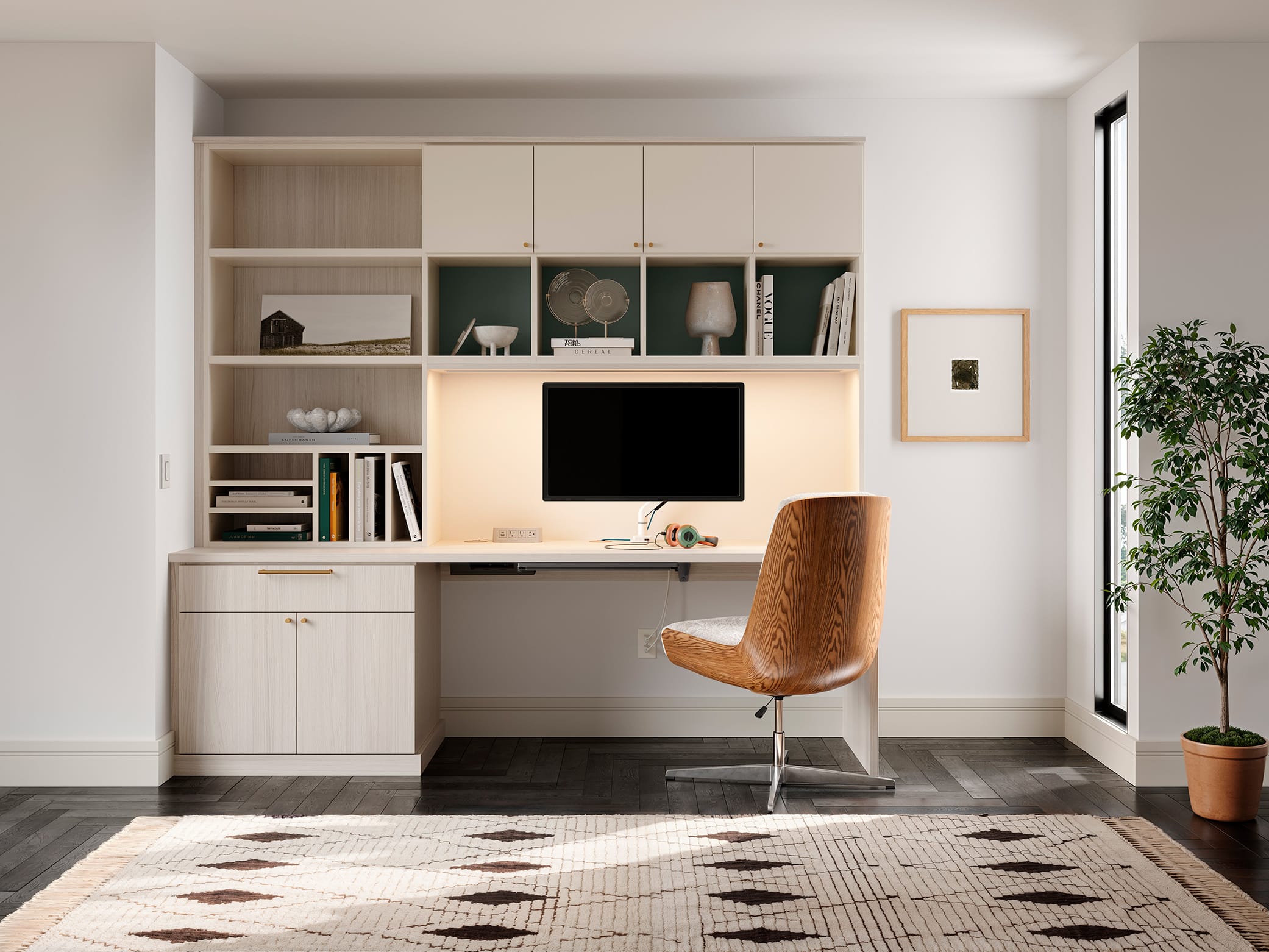 Spacious L-shaped desk setup in a home office with dual monitors and corner shelving