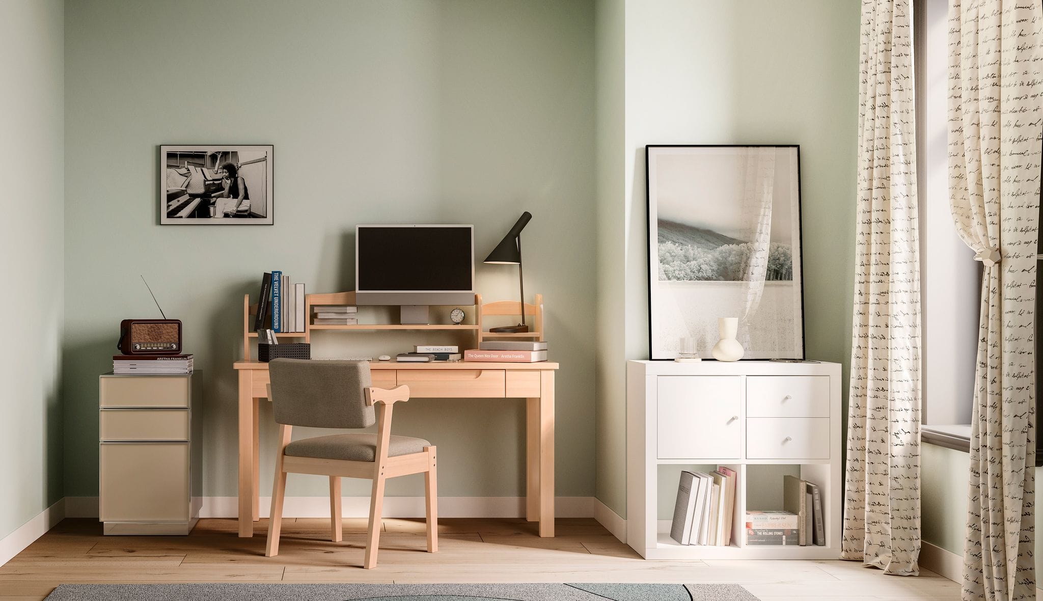 Compact home workstation with custom shelving and storage drawers by California Closets