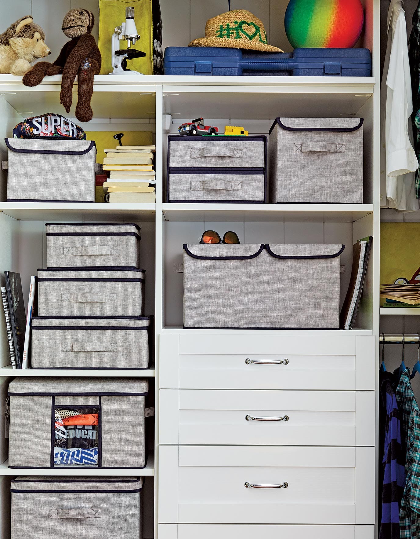 The Kanter boys have storage built-ins in their rooms, to keep everything from sporting equipment to childhood memories organized, California Closets