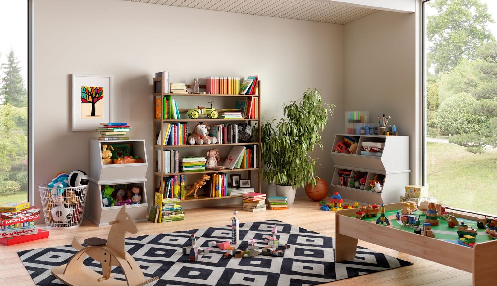 Playroom cluttered with toys and games without cabinet organizers to be built by California Closets