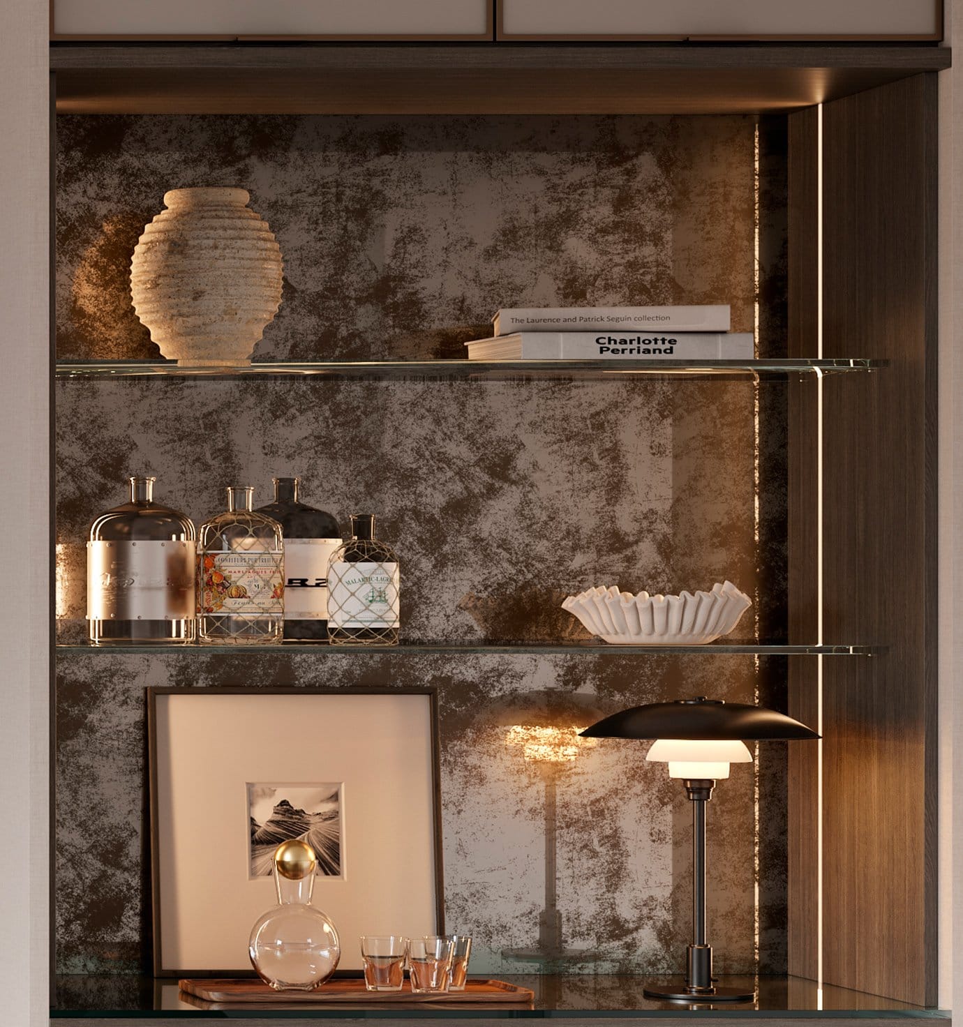 Customized library bookshelves decor in light grey finish by California Closets